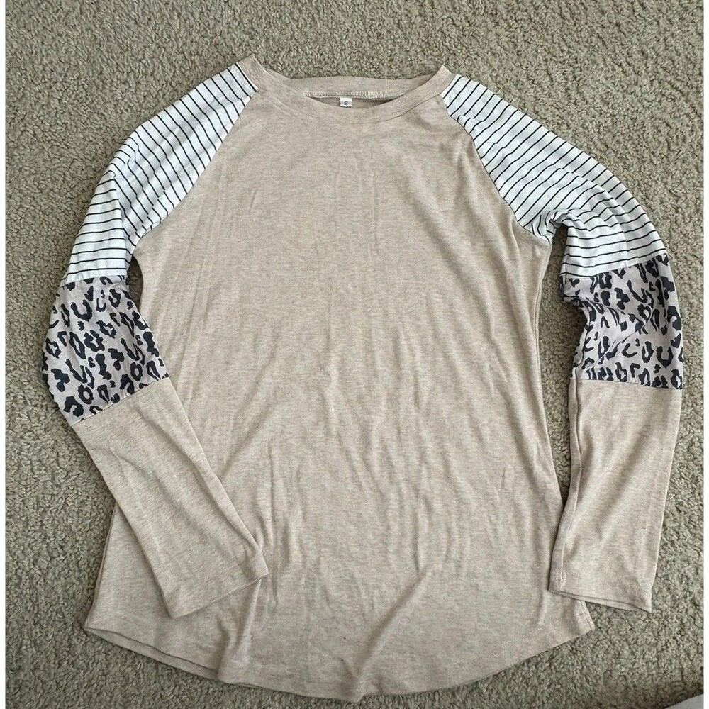 Beige Striped & Leopard Sleeve Top - Small